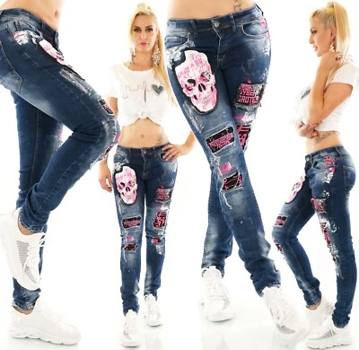 Unisex Damen Herren Jeans Hose Baggy Boyfriend Stretch Denim Totenkopf Skull - Bild 1 von 4