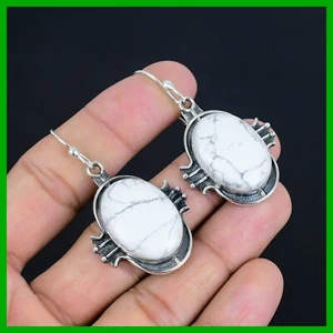 Sterling Silver Oval Natural Howlite Artisan Wife Gift Dangling Earrings Jewelry - Picture 1 of 6