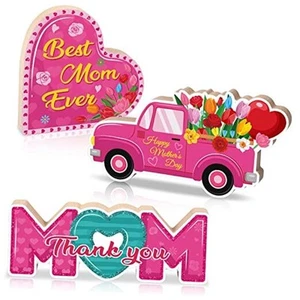 3 Pieces Mother's Day Wooden Tabletop Sign Thank You Mom Wood Sign Happy - Picture 1 of 7