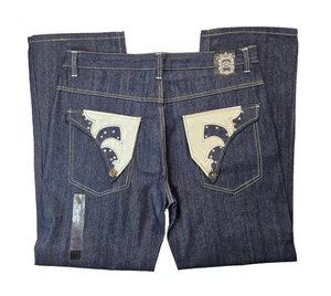 Noiz Jeans Y2K Embroidered Blue Denim Wide Leg Baggy Jeans Mens 38x32 NWT NEW - Picture 1 of 8