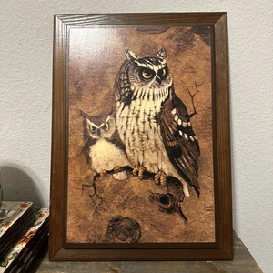 Vintage Richard Kreischen Vintage Eule Holz gerahmt Plakette Bild Wandbild SIGNIERT - Bild 1 von 8