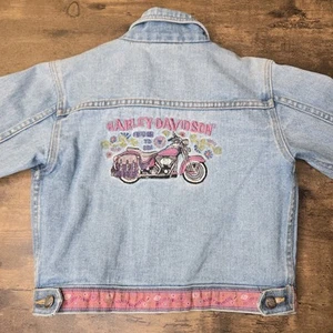Harley Davidson Denim Pink Embroidered Jacket Motorcycle Biker Sz 6X - Picture 1 of 10