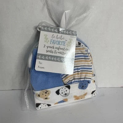 Le Bebe Boys Infant 2 Pack Caps, Socks, & Mittens 0+ Month NEW NIP Scratch - Image 1 of 3
