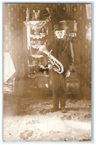 Boy Musician With Tenor Horn Musical Instrument Band RPPC Photo Antique Postcard