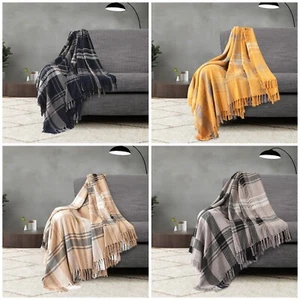 100% Cotton Large Tassel Checked Sofa Bed Single Double Warm Throw Over Blankets - Picture 1 of 13