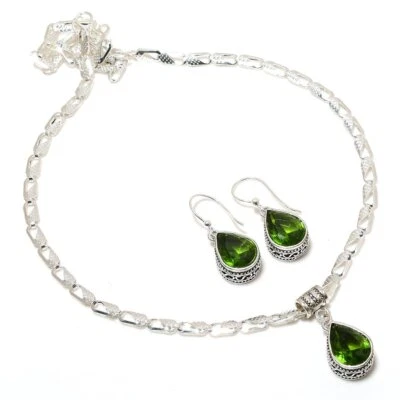 Peridot 925 Silver Plated Handmade Necklace & Earrings Set of 18" - Image 1 of 3