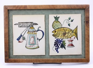 Danish Mid Century Mod 7x10 Wood Framed Culinary Kitchen Water Color Painting - Picture 1 of 12
