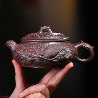 Yixing Purple Clay Teapot Handcarved Dargon Pot Kettle Handmade Iron Blood Red - Image 1 of 2