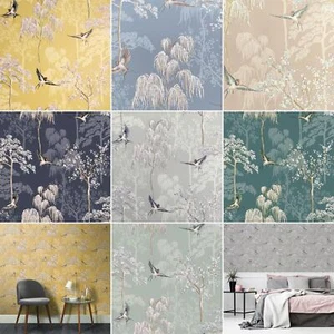Papel Pintado Jardín Japonés Arthouse Árboles Orientales Pájaros - Gris Ocre Azul Marino - Imagen 1 de 47