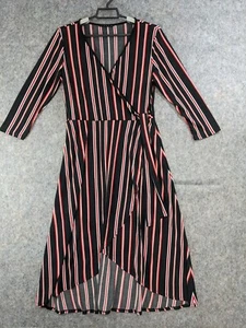 Tiana B Dress Womens 8 Black Red Pink Stripe Stretch Knit Mock Wrap Long Sleeve - Picture 1 of 14
