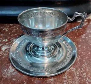 Antike französische Sterling Silber Tasse und Untertasse Unikat Dekor gepunzt 19. Jh. - Bild 1 von 5