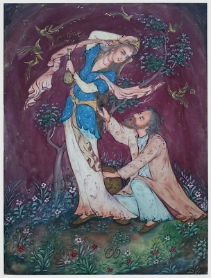 RARO PERSA MEDIADOS DEL SIGLO XX VINTAGE OPACO CON FGRTV PNTG 2 FGRS, CON OUD/BIRDS PARADISE Foto 1 de 4