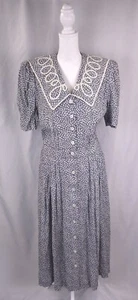 Vintage Womens Dress Large Navy Floral Sailor Neck Midi Full Button Front 80s - Picture 1 of 23