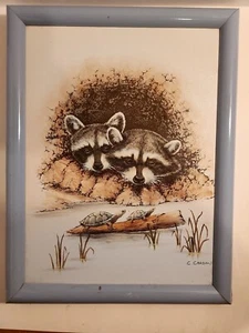 Vintage C. Carson Painting. Raccoons Watching Turtles. Framed 16"×12" Signed - Picture 1 of 5