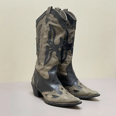 Reba Justin Cowboy Boots Women 7 M Gray Black Leather Eagle Inlay Pointed Toe - Image 1 of 4