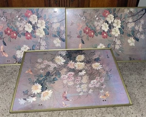 TV Trays Metal Mid Century W/ Stands Floral Signed Vintage NO CARRYNG CART -4 - Picture 1 of 17