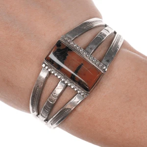 c1940's Navajo hand stamped silver petrified wood cuff bracelet - Picture 1 of 8
