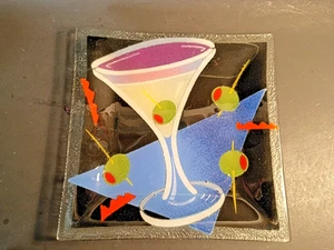 Peggy Karr Martini theme fused glass square plate 10" square light scratching - Picture 1 of 7