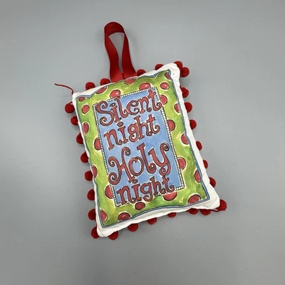 Handmade Doorknob Christmas Pillow Silent Night Holy Night Red Pom-Pom Trim - Image 1 of 4