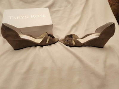 Taryn Rose Beautiful Taupe- Gray Suede Open Toe Wedge Heels 11M Orig $495 - Image 1 of 4