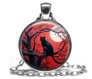 Collar Colgante Regalo Gato en Árbol Iluminado por la Luna Cielos Rojos 24" Gato Mamá Regalo - Imagen 1 de 5