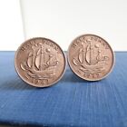 Great Britain Cuff Links - UK Half Penny Ship Warship Vintage Coins, Repurposed