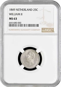 Netherlands 25 Cent 1849, NGC MS63, "King Wilhelm II (1840-1849)" - Picture 1 of 2