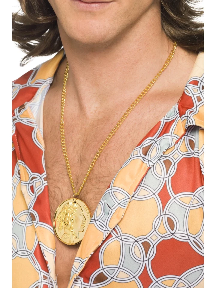 Gold Metal Medallion On Chain 60s Fancy Dress Hippy Accessory - Image 1 of 1