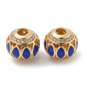 10x Rondelle Golden Alloy Blue Enamel European Beads with Rhinestone 14.5x13mm - Picture 1 of 3
