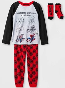 HOW TO DRAW SPIDER-MAN Pajamas Size Medium 8 M Boys 3 piece Set + Socks NWT NEW - Picture 1 of 1