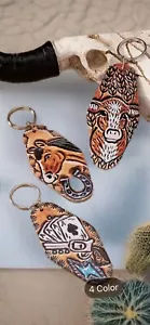 Western Faux Leather Tooled Keychain Key Ring Chain Card Poker Vintage - Picture 1 of 2