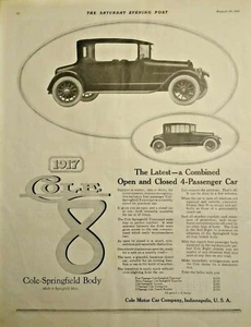 Anuncio impreso de coche antiguo vintage 1917 Cole Eight arte automovilístico Indianápolis Indiana - Imagen 1 de 2