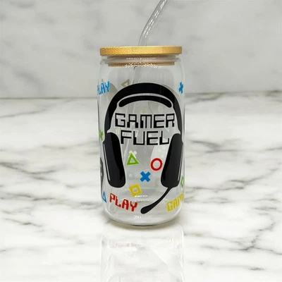 Gamer Fuel 16oz Glass Libbey Can Tumbler Cup With Bamboo Lid And Glass Straw - Image 1 of 3