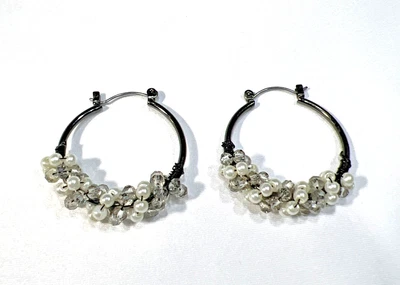 复古串珠环状耳环 2.75 英寸人造珍珠和玻璃枪金属 — 第 1/4 张图片