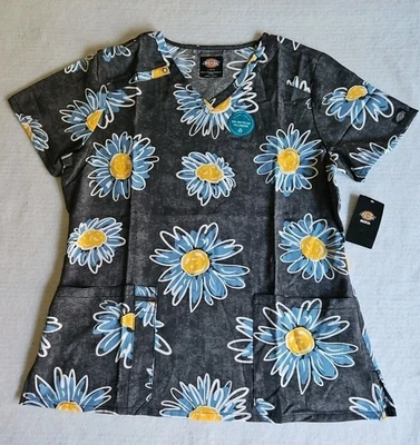 Dickies Scrub Top Gray W/ Blue Retro Daisy Flowers Medical Uniform Women's L New - Image 1 of 4