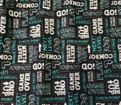 1yd 20"x 42" 100% cotton, Game On, Elizabeth Silver, Camelot Fabrics, Game words - Image 1 of 3