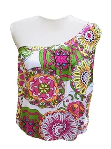 Debbie Katz South Beach Top Pink Green Sz Small Off Shoulder Mod Floral Cotton - Picture 1 of 4