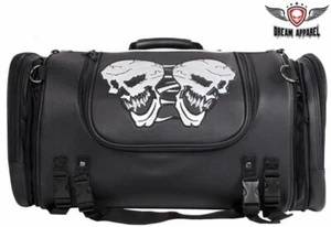 Motorcycle Sissy Bar Luggage Duffle Bag w/Reflective Skull -Black Medium PVC New - Picture 1 of 12