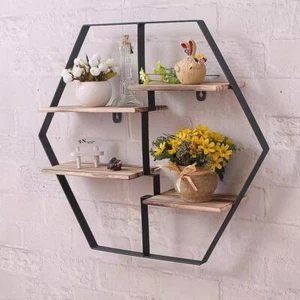 Iron Wooden Wall Hanging Shelf Vase Holder Home Storage Rack Decor Hexagon Shape - Picture 1 of 7