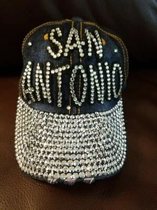 NEW SAN ANTONIO RHINESTONE LOGO DENIM BLING BASEBALL DENIM CAP HAT SOUVENIR  - Picture 1 of 4