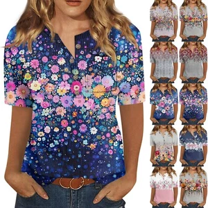 T Shirts For Women Pleated V Neck Dressy Casual Blouses Printing Short Sleeve - Picture 1 of 42