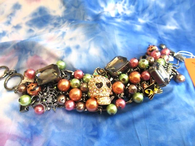 Betsey Johnson Sugar Skull Ghost Cat Web Spider Pearls Toggle Bracelet NWT - Image 1 of 4
