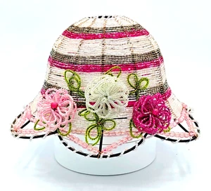 Vintage Beaded Lamp Shade Ladies Hat Floral Pink Fuchsia Green White Iridescent - Picture 1 of 10