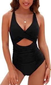 Blooming Jelly 1 Piece Push Up Tummy Control V-neck Cutout Swimsuit Black US XL - Picture 1 of 4