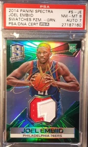 2014-15 Joel Embiid RC Panini Spectra Green Prizm Jersey #3/5 PSA NM 8 AUTO 7 - Picture 1 of 3