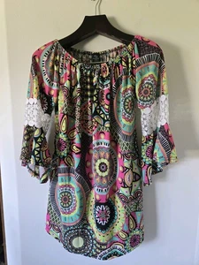 WinWin Pinwheel Tunic 3/4 Sleeve Crochet Boho Paisley Multicolor Blouse L/XL - Picture 1 of 10