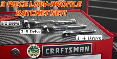 Craftsman 3 Piece LOW PROFILE Ratchet Socket Wrench Set 1/2" 3/8" & 1/4" Drive - Image 1 of 4