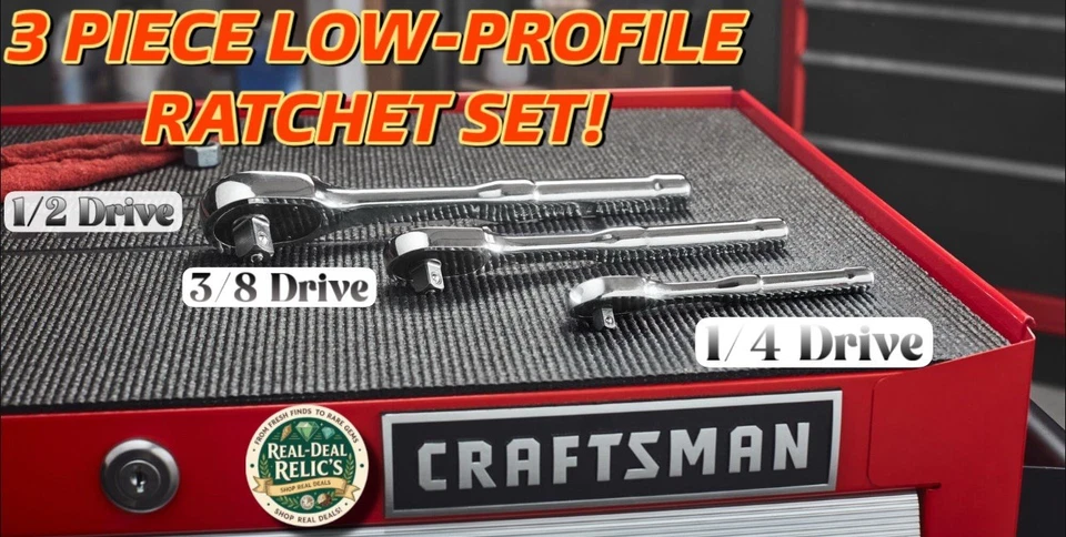 Craftsman 3 Piece LOW PROFILE Ratchet Socket Wrench Set 1/2" 3/8" & 1/4" Drive - Image 1 of 4