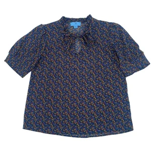 Top CeCe taglia M blu floreale manica corta fiocco cravatta collo volant colorati - Foto 1 di 10