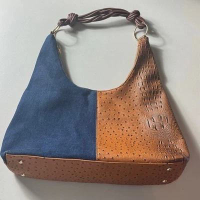 Cato Brown & Blue Denim Ostrich Croc Print Hobo Bag - Image 1 of 4
